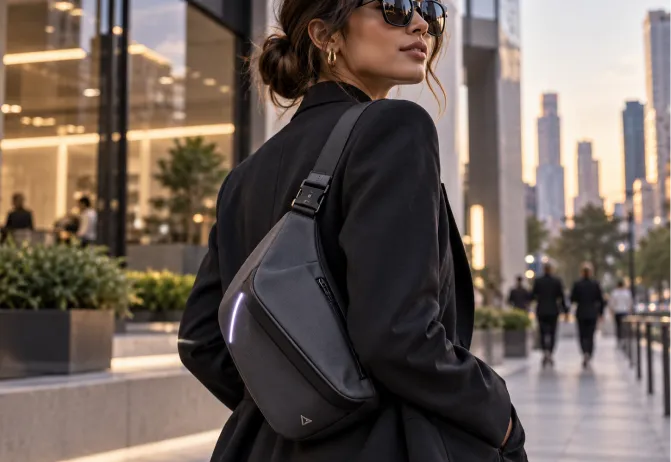 Close-up of a black crossbody sling bag worn over a blazer in the city