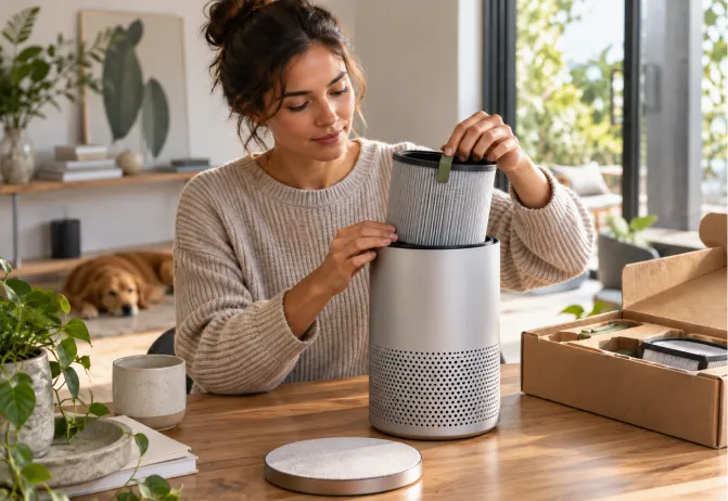 Woman lifting the lid of a white air purifier at a wooden table