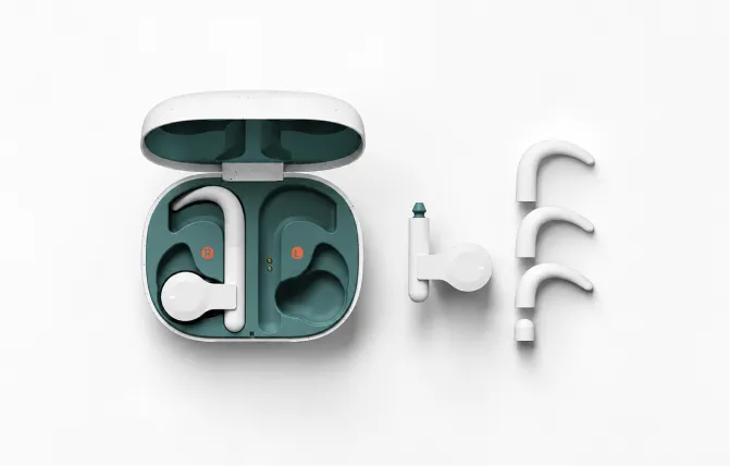 Wireless bone-conduction earbuds in an open charging case with ear hooks