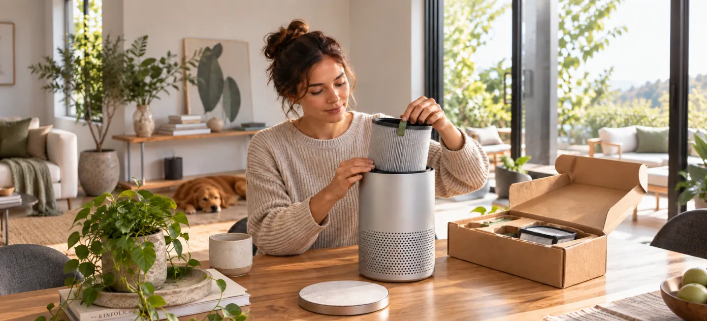 Woman unboxing a white air purifier at a table in a bright living room