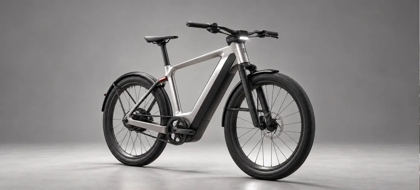 Silver electric bicycle with a matte frame in a studio