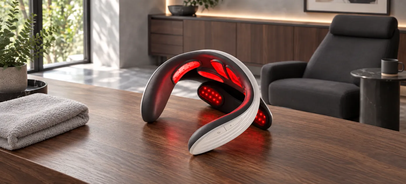 Neck massager with red LED heating panels on a wooden table in a living room