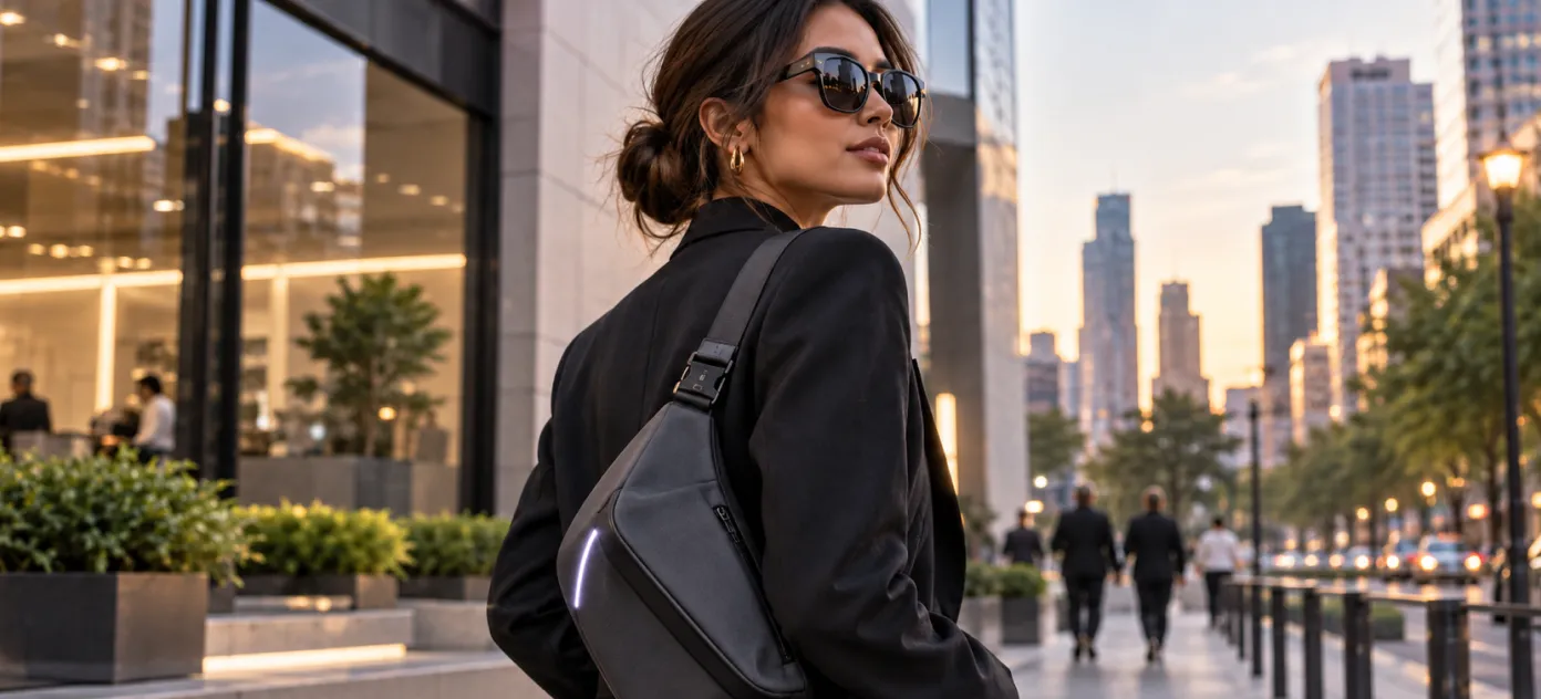 Woman in a black blazer and sunglasses wearing a crossbody sling bag on a city street