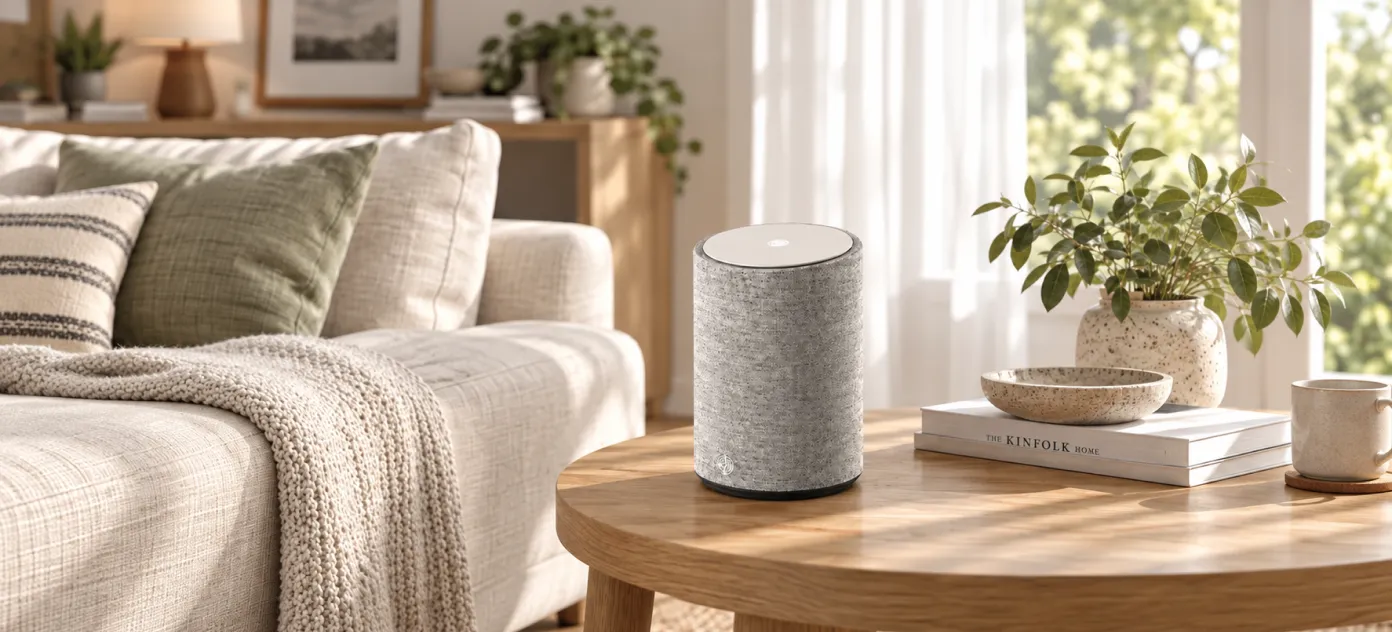 Fabric-covered smart speaker on a wooden side table in a bright living room