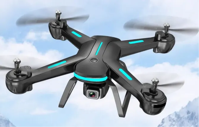 Black quadcopter drone with camera and cyan accents flying in the sky