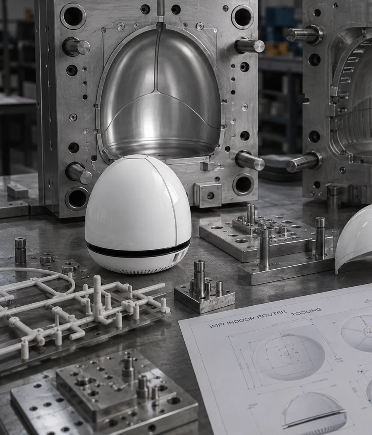 Injection mould tooling with moulded product housings and technical drawings