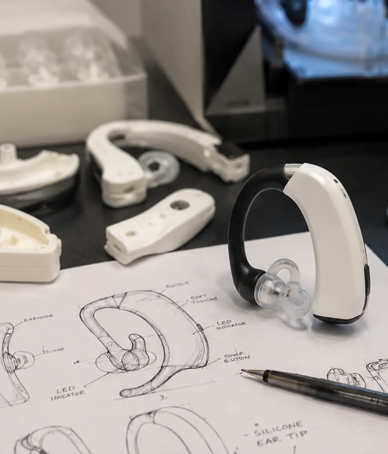 Earpiece prototypes and design sketches on a workbench