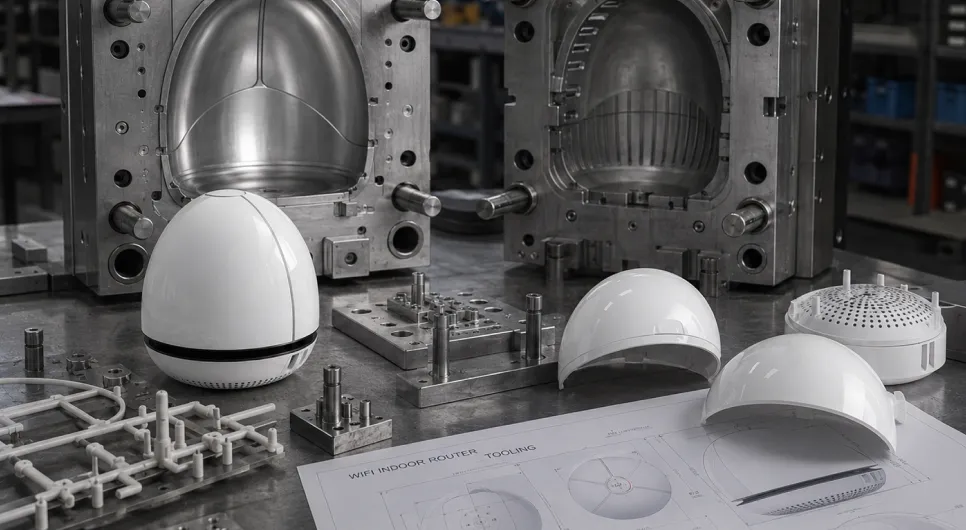 Injection mould tooling with moulded product housings and technical drawings