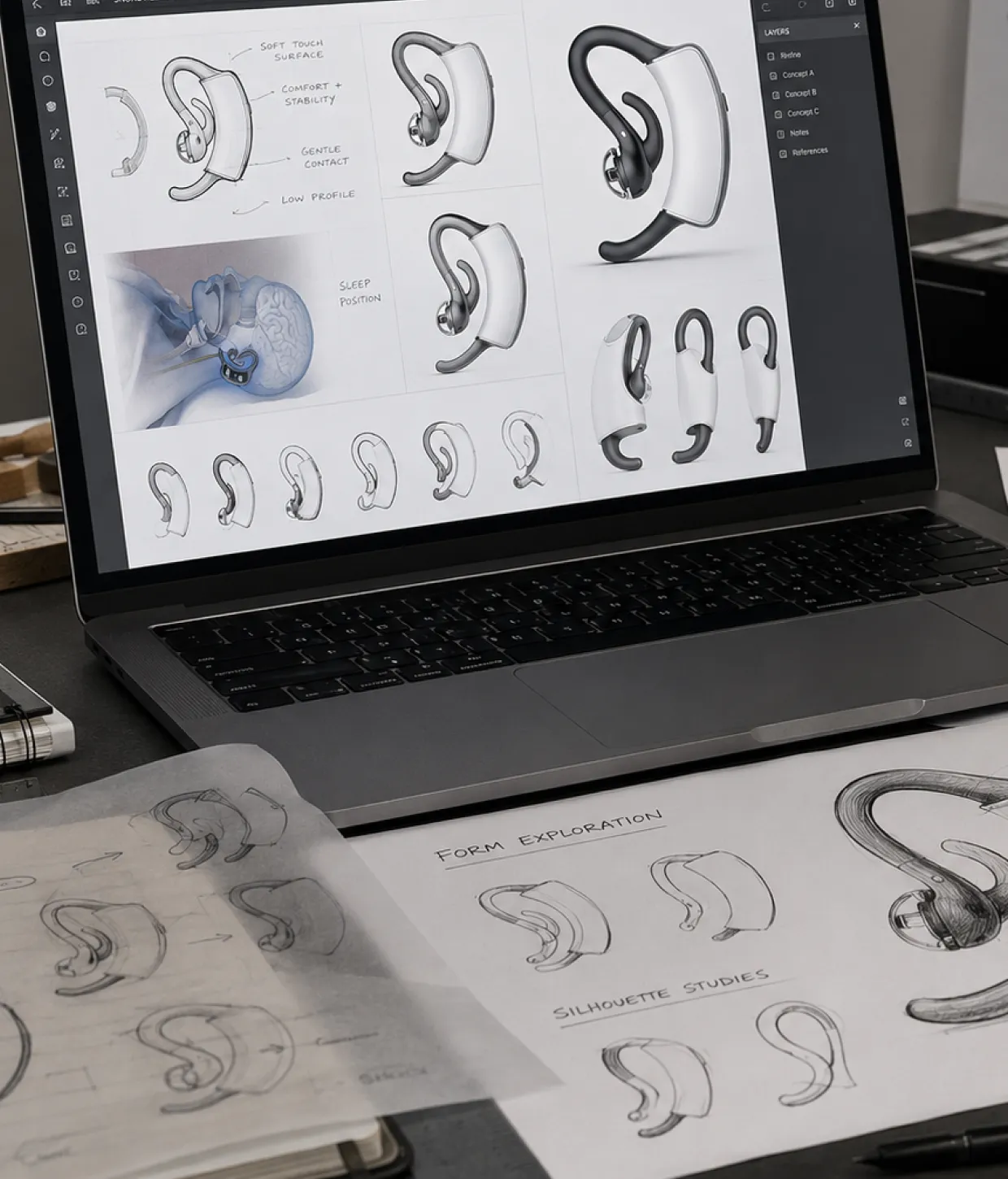 Earpiece design concepts on a laptop screen with form exploration sketches