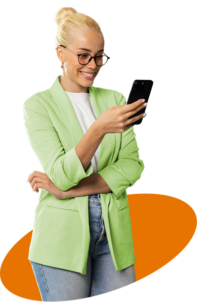 Woman looking at her phone, promoting the Jenna app