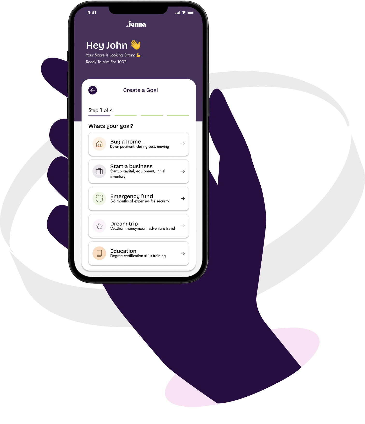A smartphone mockup showing a financial insights app, displayed beside colourful cards highlighting features like AI coaching, predictive intelligence, and spending insights.