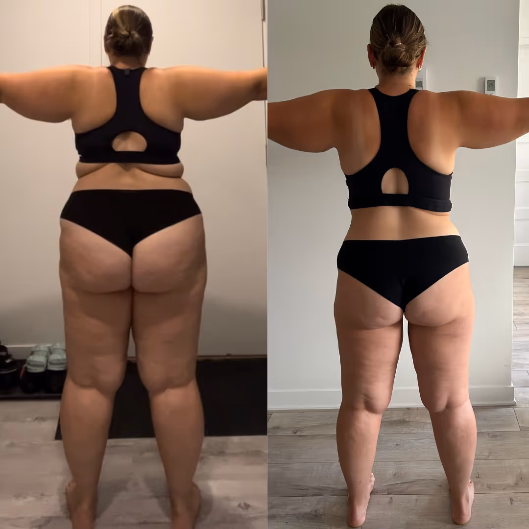 Transformation impressionnante d'une femme grosse à une femme en forme et en santé.