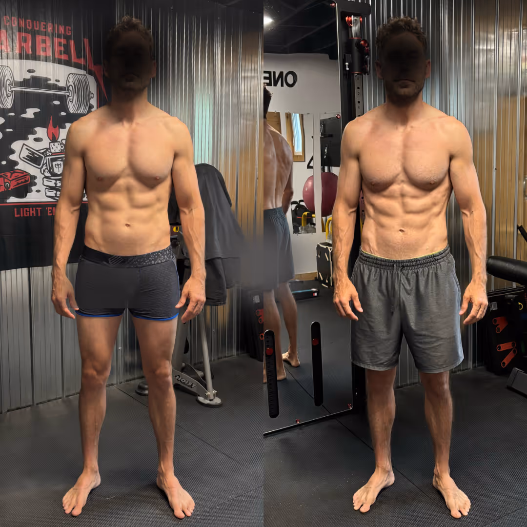Transformation d'un homme qui était gros avant, mais maintenant, il est musclé et fier.