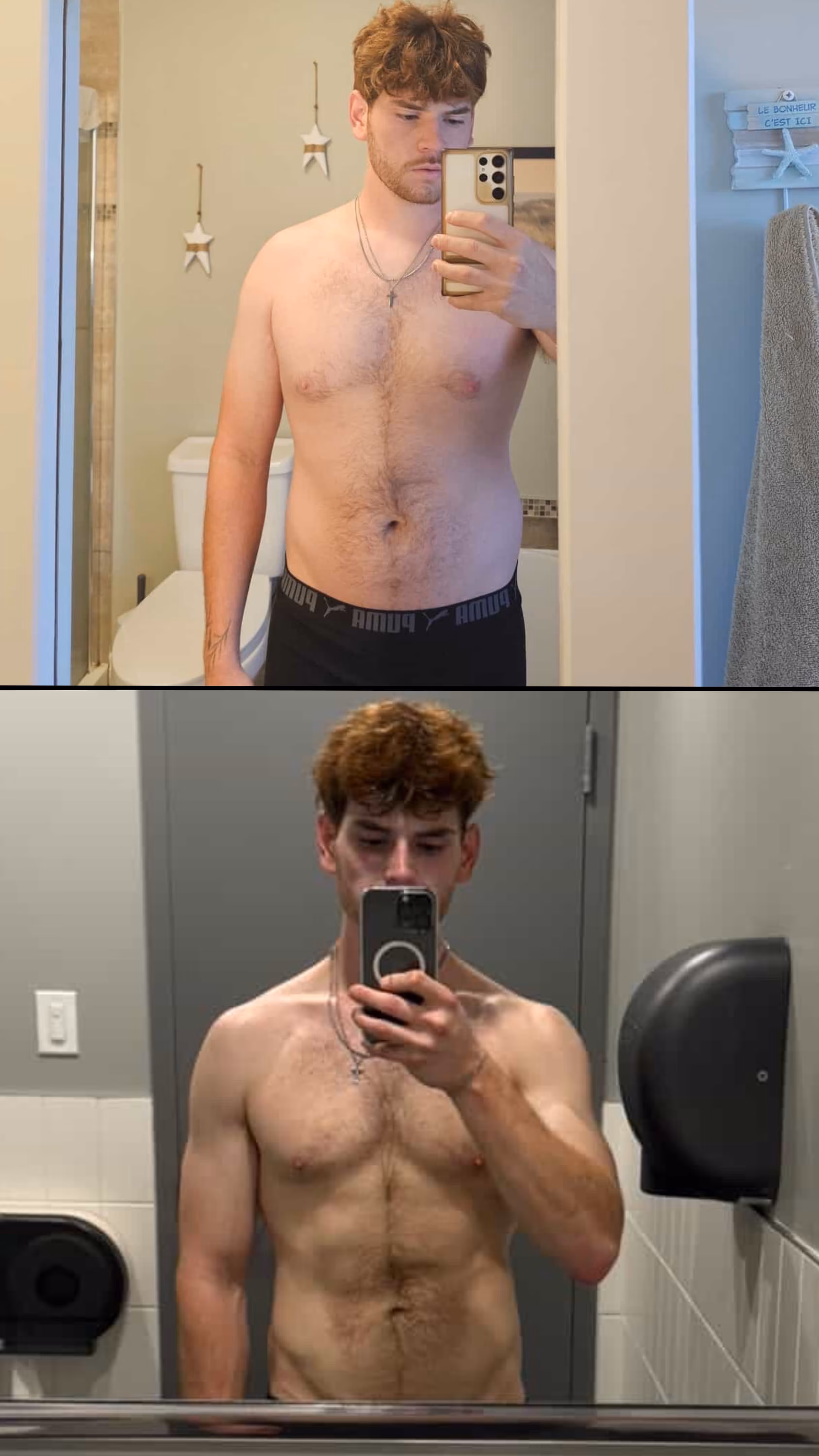 Avant : femme en surpoid qui a commencé a s'entrainer. Apres : La même femme qui s'entraine depuis un moment et qui a changé d'apparence physique.