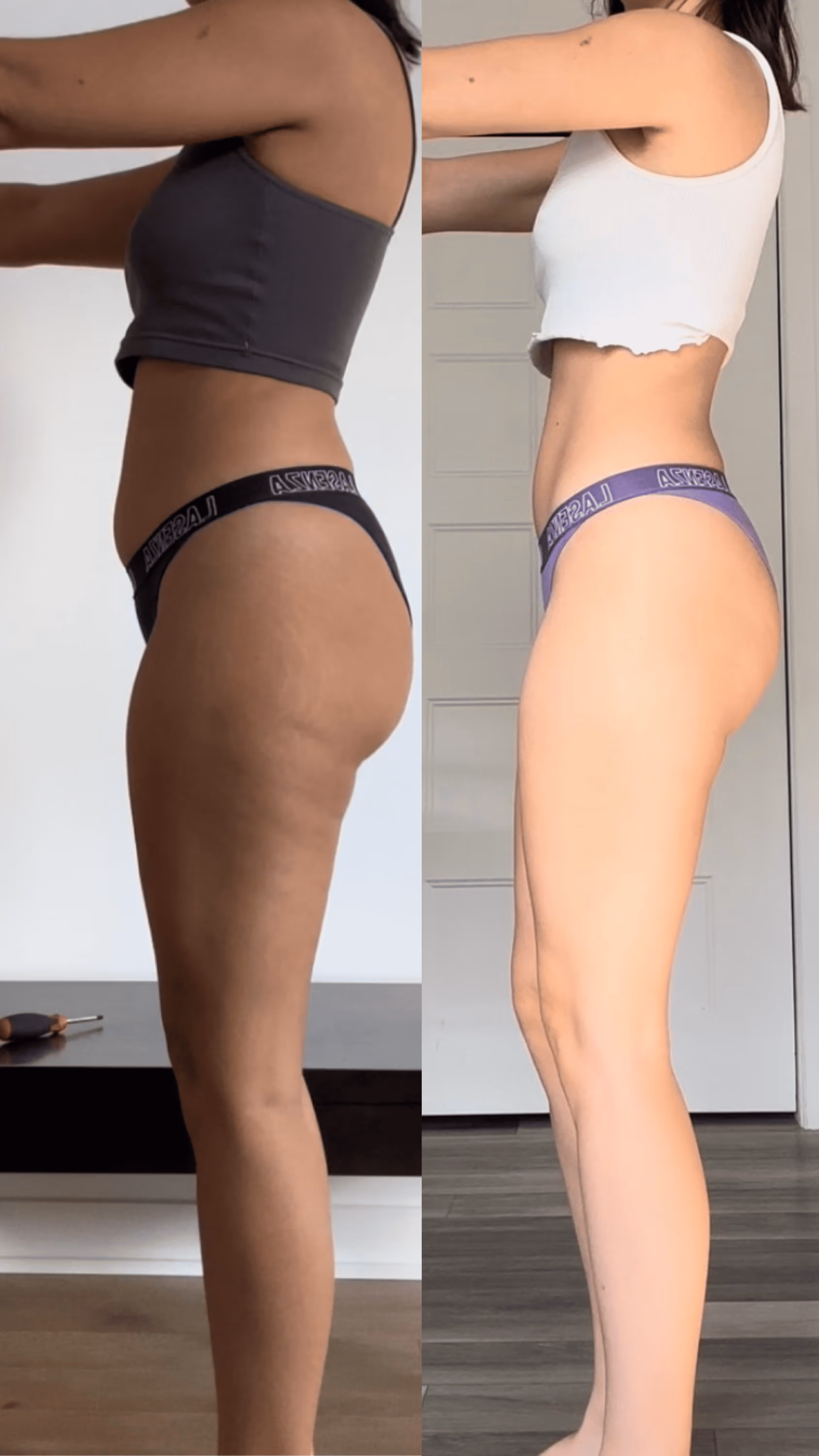 Photo d'une femme grasse avec une photo après ca transformation : Elle est plus musclé et plus maigre.
