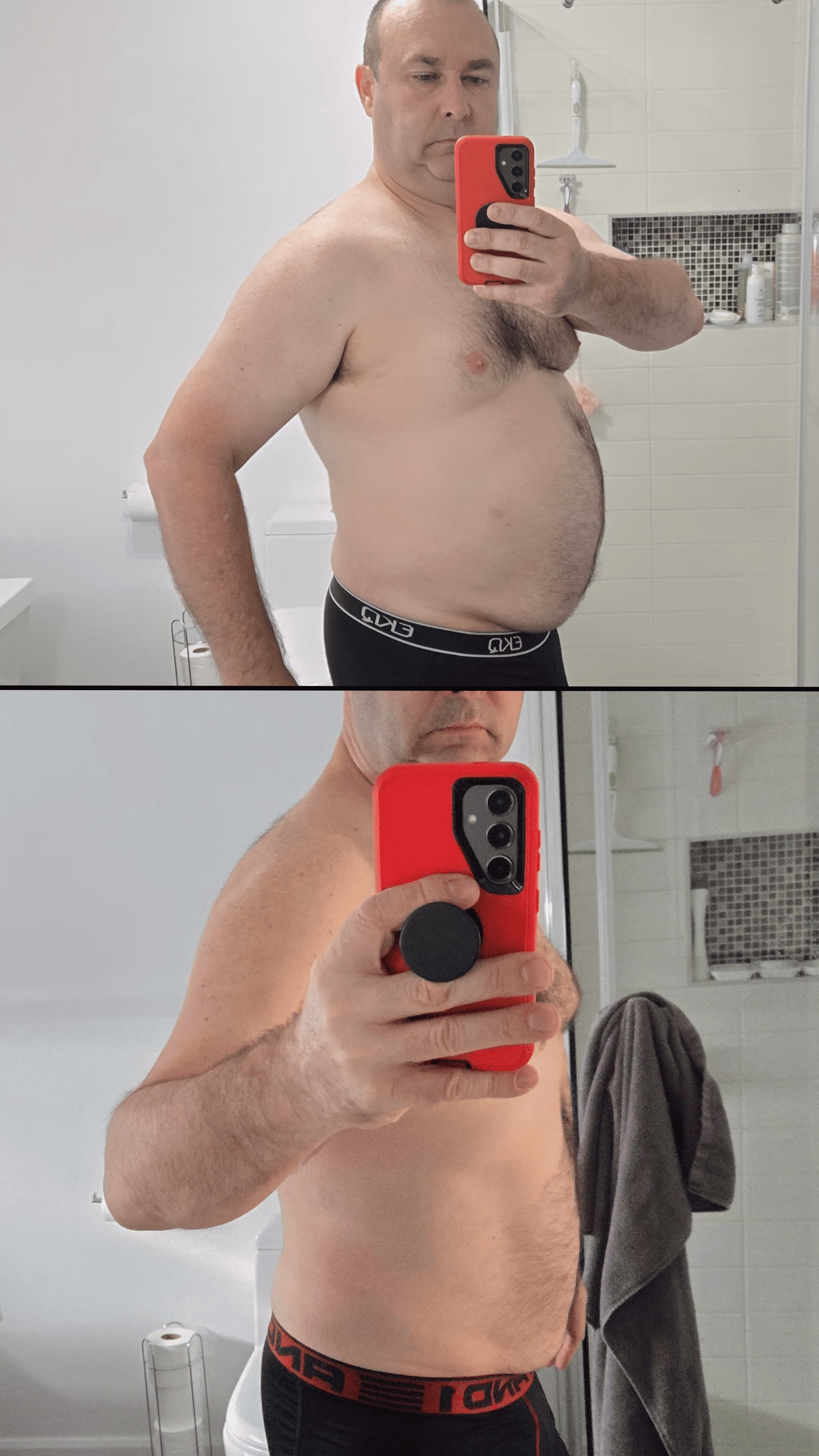 Avant : femme en surpoid qui a commencé a s'entrainer. Apres : La même femme qui s'entraine depuis un moment et qui a changé d'apparence physique.