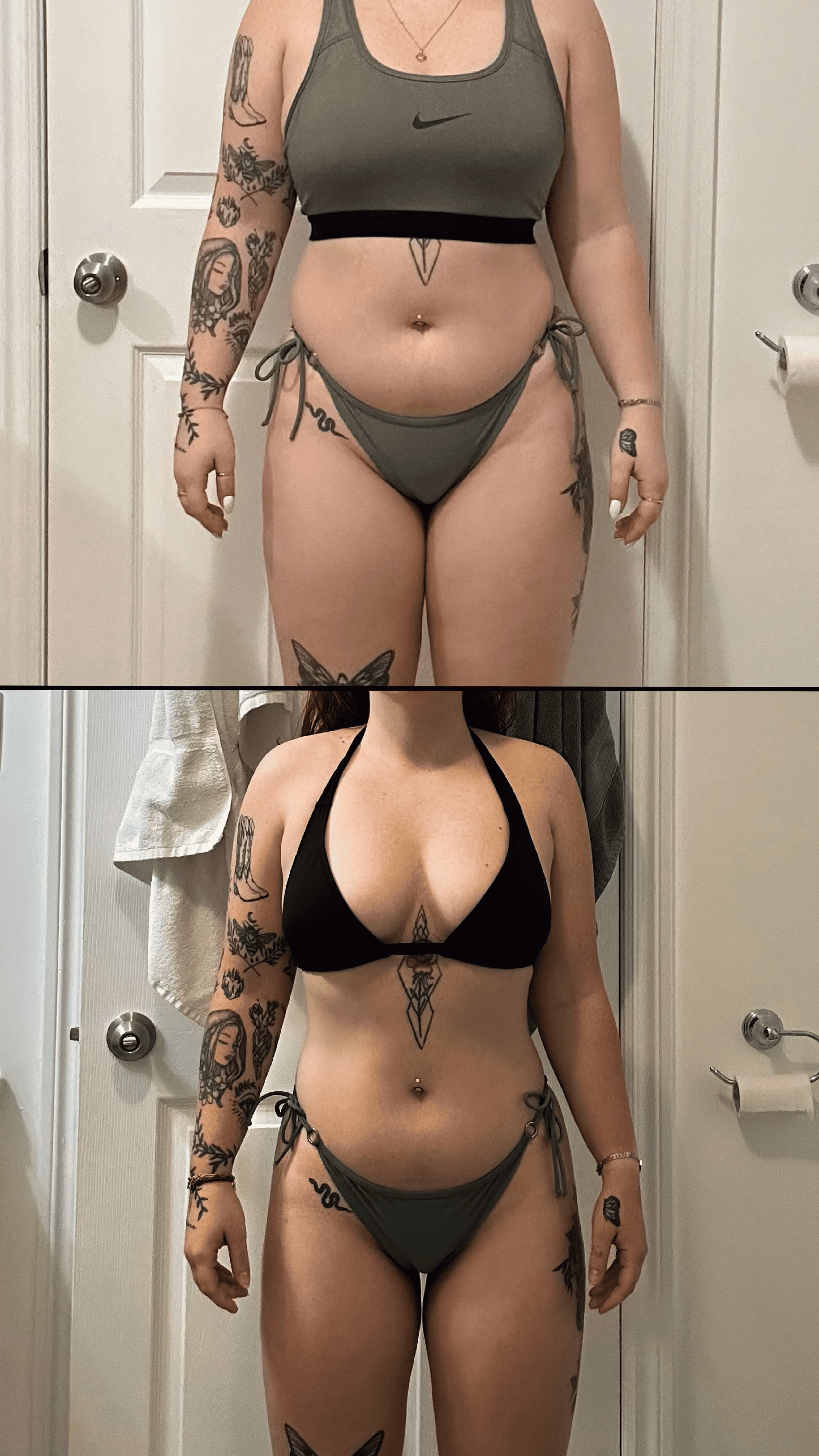 Photo d'une femme grasse avec une photo après ca transformation : Elle est plus musclé et plus maigre.