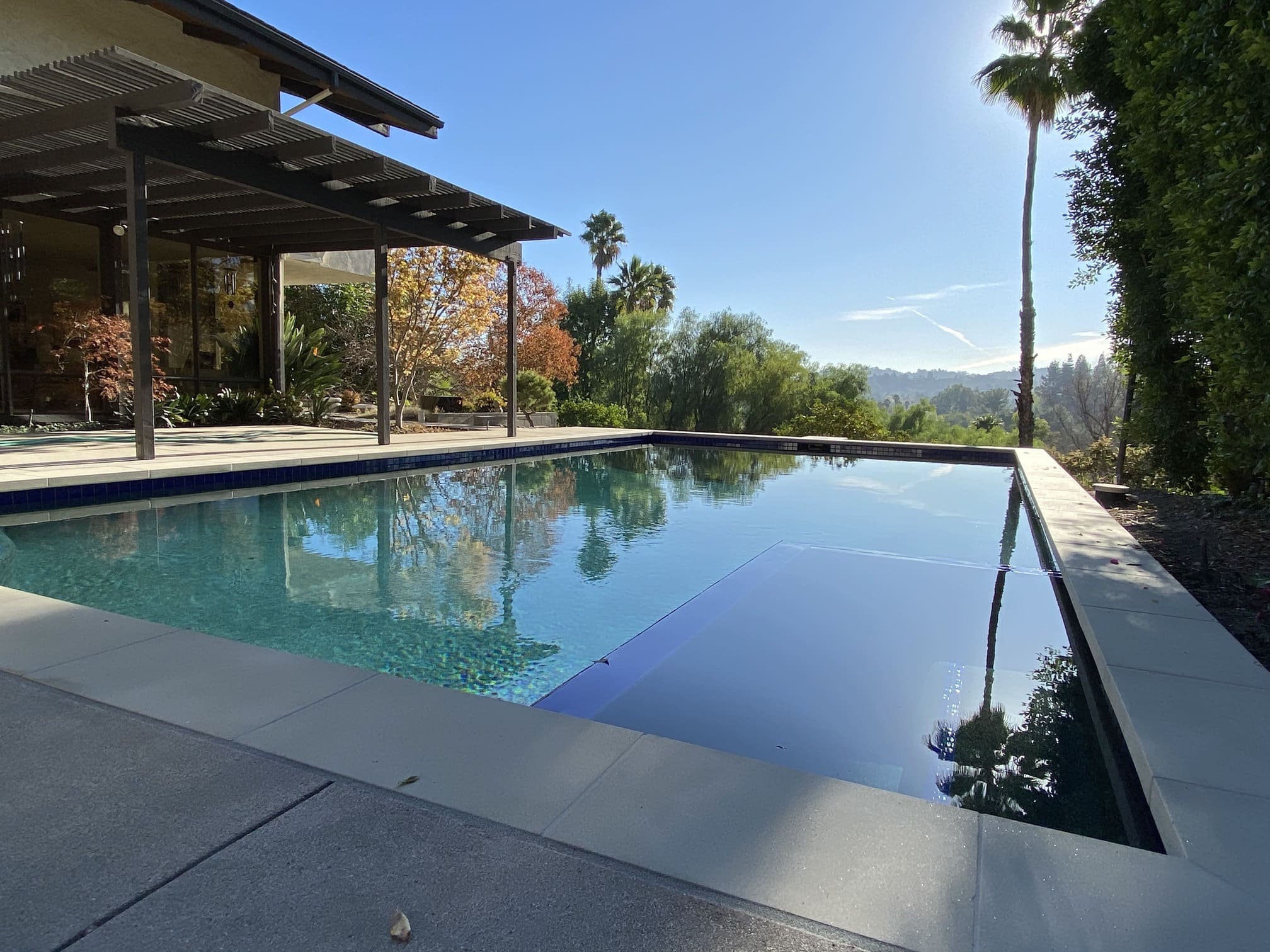 Rectangular backyard swimming pool reflecting trees and sky in Glendale