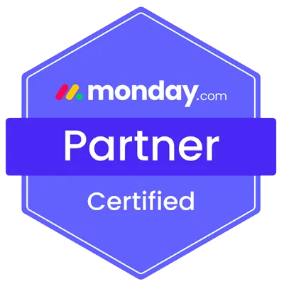 Monday.com Partner Certified badge with a purple hexagonal background.