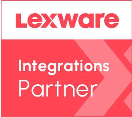 Lexware logo with the text 'Integrations Partner' on a red background with a large stylized X.