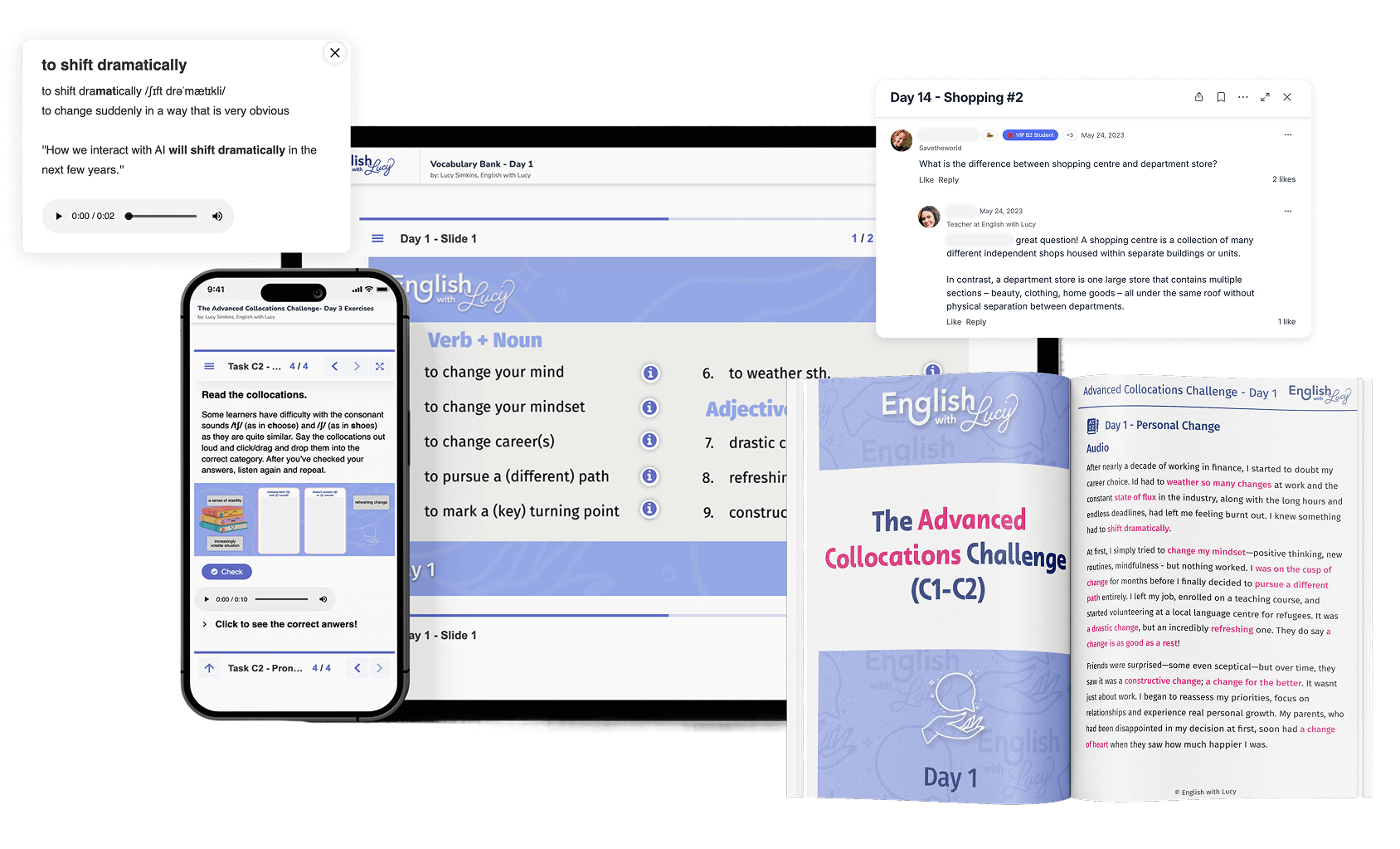 Advanced collocations challenge additional materails including: vocabulary banks, pdf summaries, quizzes, community, pronunciation practice