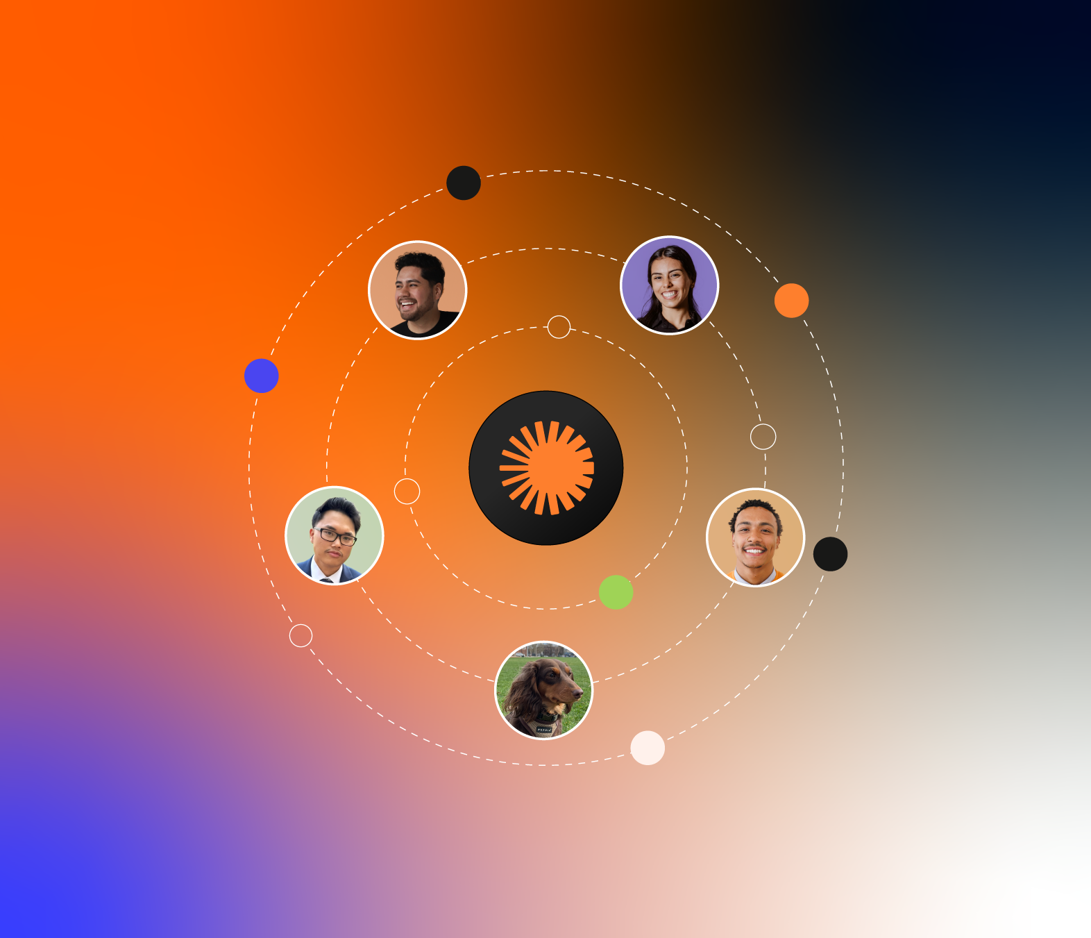 Feature graphic of the Pablo Studio Team. Circular orbit design with five circular portraits of diverse individuals and a dog, set against a gradient background from orange to blue and black center emblem.