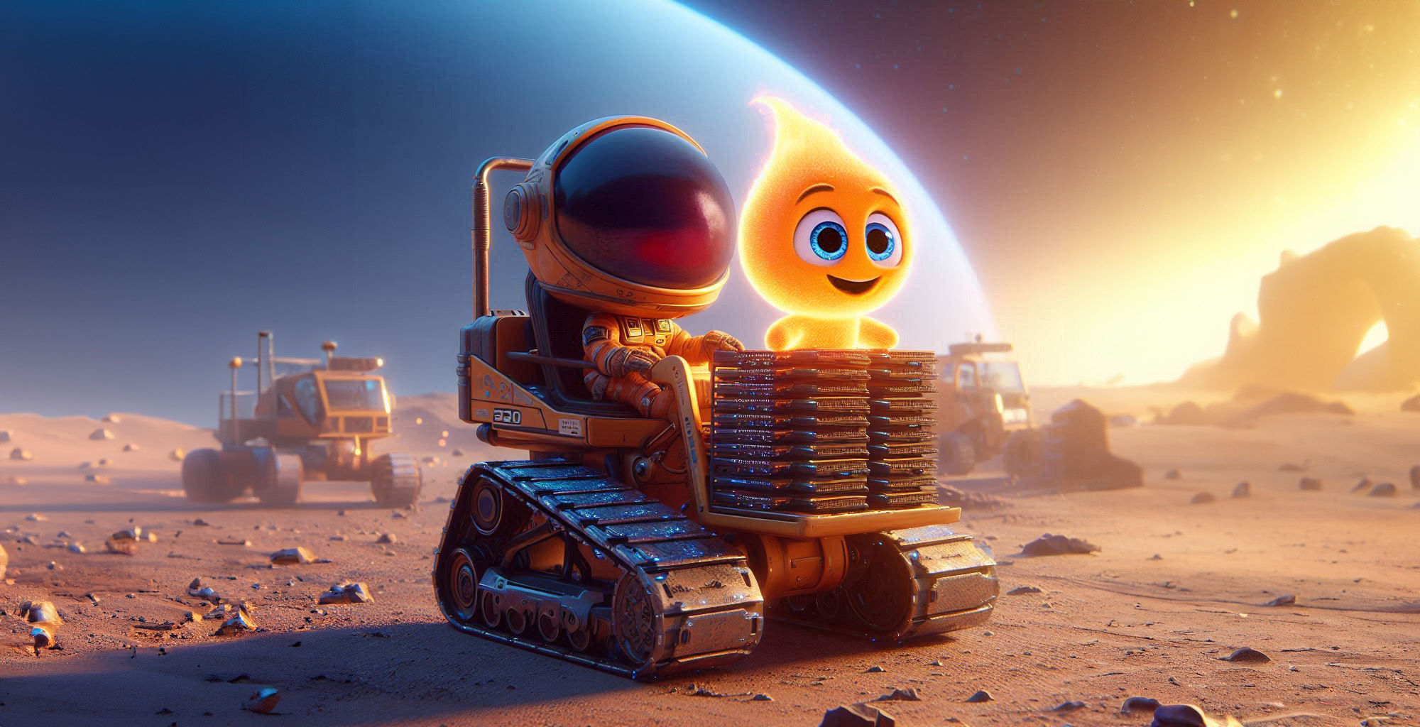 Astronaut in orange suit driving a small tracked vehicle carrying a smiling glowing flame character on a rocky planet surface with another vehicle and a large planet in the background at sunset.