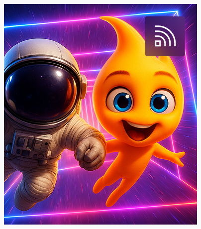 Smiling orange cartoon character and astronaut floating in front of neon pink and blue geometric lines.