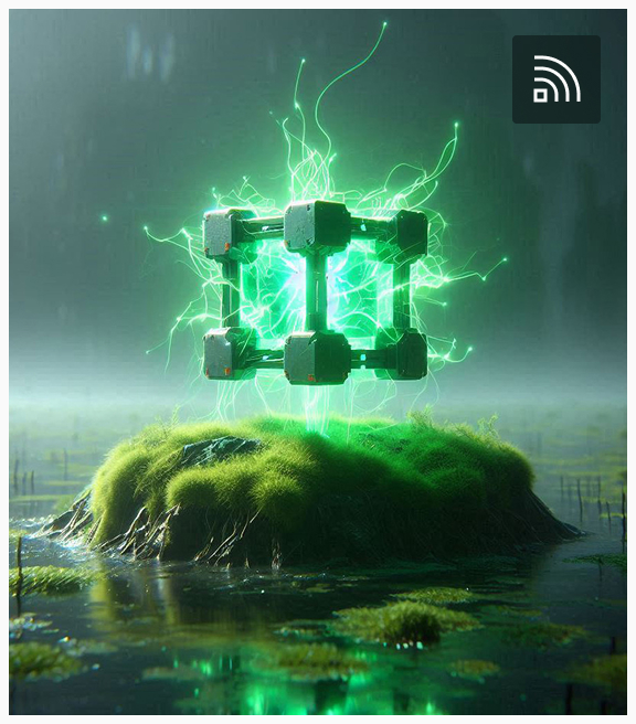 Futuristic glowing green cube hovering above a moss-covered island surrounded by water.