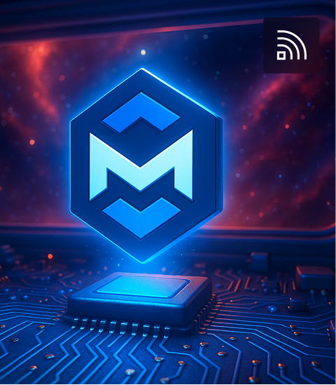 Glowing 3D hexagonal logo with stylized 'M' floating above a microchip on a circuit board against a cosmic background, with an RSS feed icon in the top right corner.