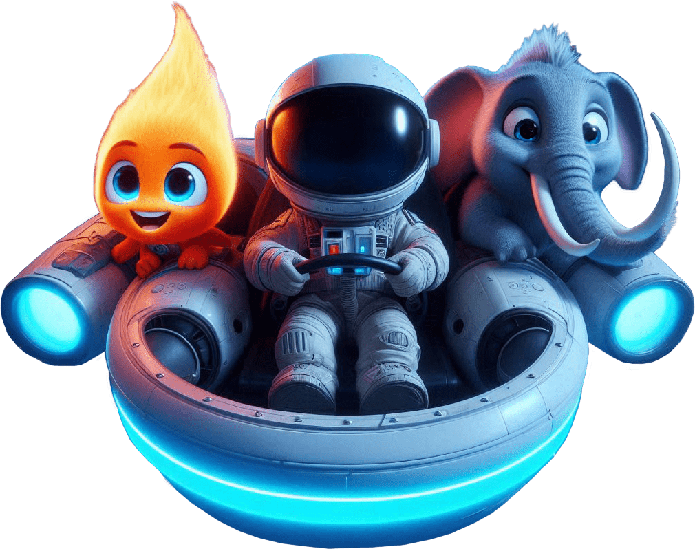 Animated astronaut steering a futuristic spacecraft with a smiling flame character on the left and a cheerful baby elephant on the right.