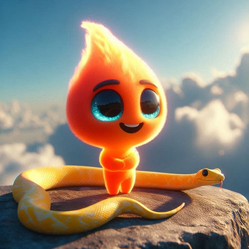 Cute cartoon flame character with large blue eyes standing next to a coiled yellow snake on a rock with clouds in the background.