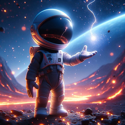 Astronaut standing on a rocky surface with glowing lava cracks, reaching out towards a floating lightning spark under a glowing planet and starry sky.
