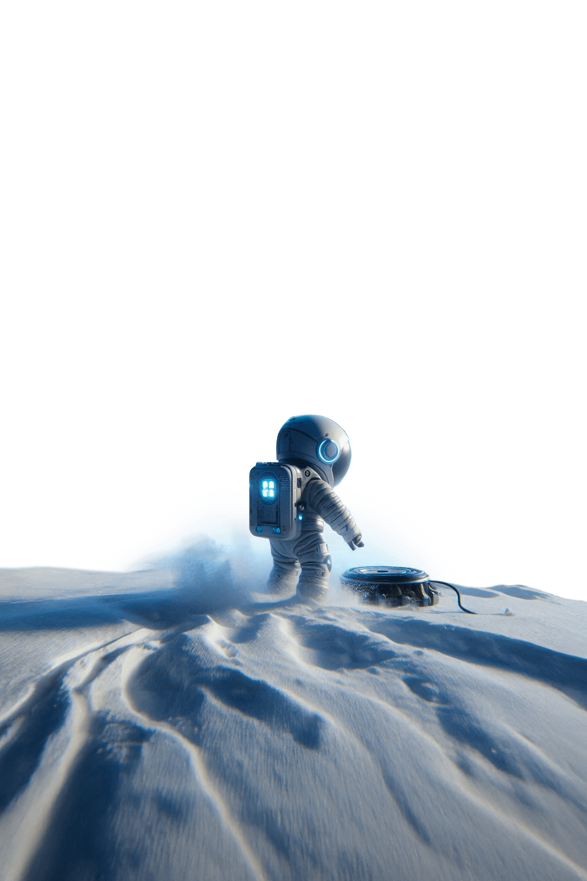 Small astronaut standing on textured sandy terrain next to a black robotic device emitting blue light.