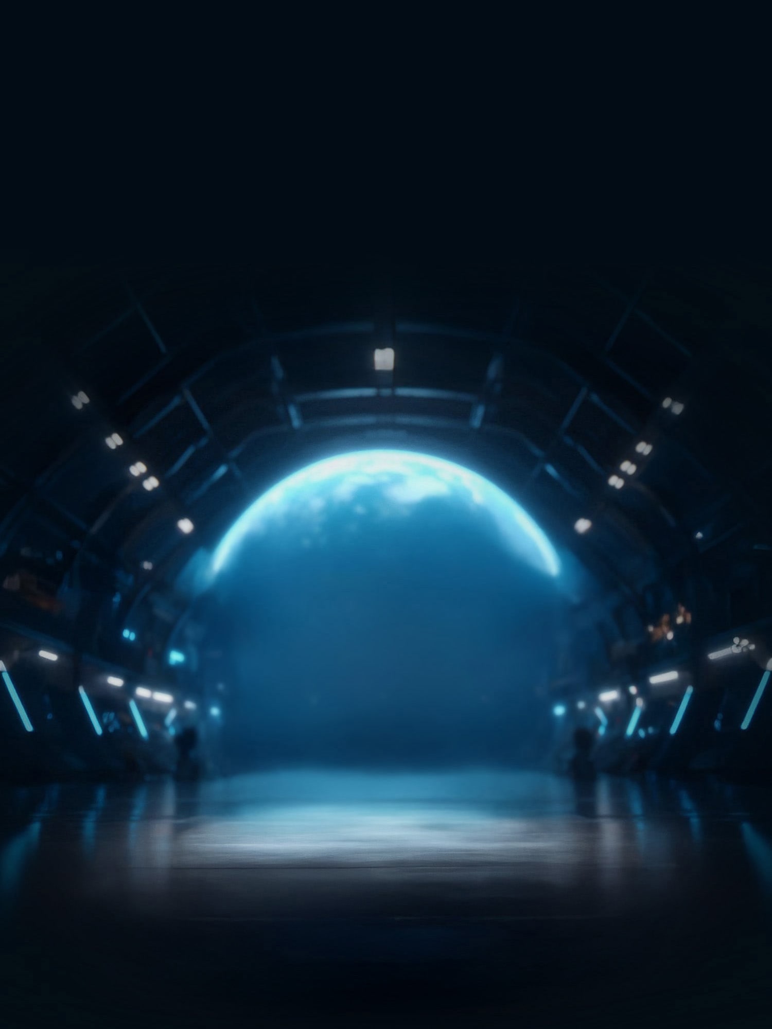 View of Earth from inside a dark, futuristic space station or hangar with blue lights.