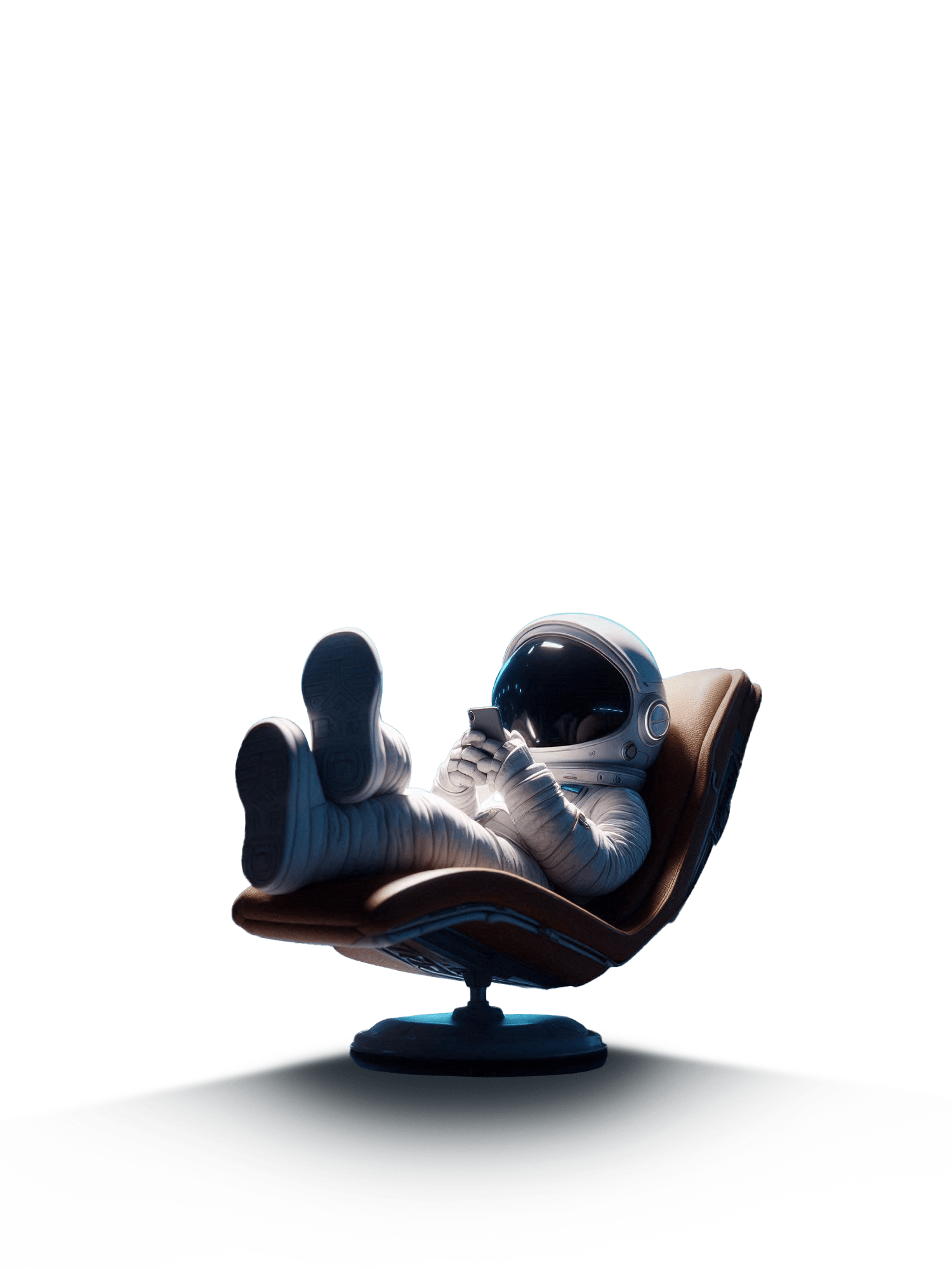 Astronaut in white space suit reclining on a modern brown chair while using a smartphone.