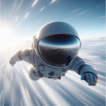 Astronaut floating in space with reflective helmet visor and streaks of light in the background.