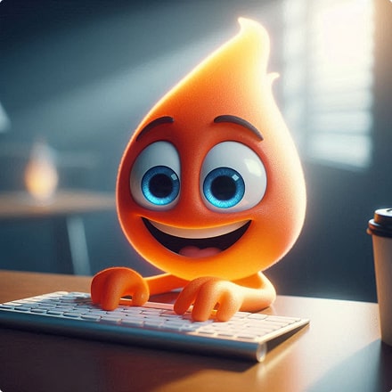 Animated orange flame character with big blue eyes smiling and typing on a keyboard at a desk.