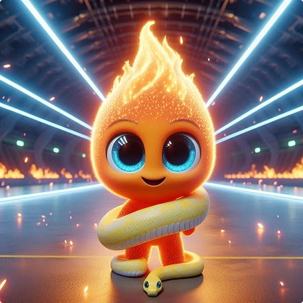 Cute animated character made of fire with large blue eyes standing in a futuristic corridor, wrapped by a yellow snake.