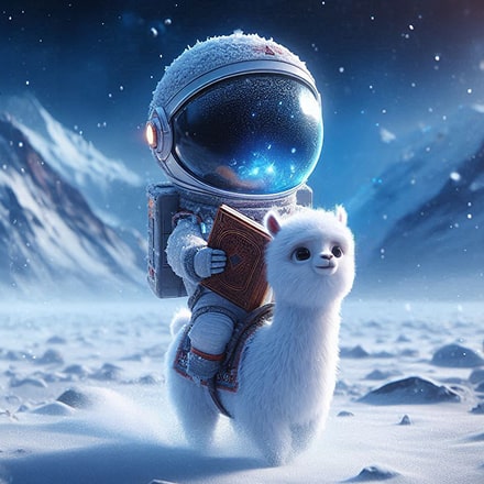 Astronaut holding a book riding a white llama in a snowy, mountainous landscape under a starry sky.