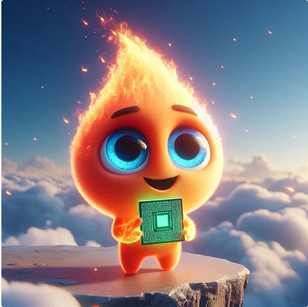 Cartoon flame character with large blue eyes holding a glowing microchip, standing on a rock above clouds.