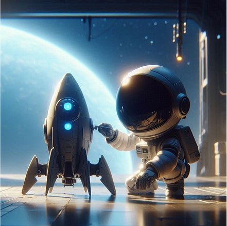 A small astronaut in a spacesuit kneeling and inspecting a futuristic rocket ship inside a space station with a large planet visible through the window.