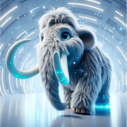 Cute, fluffy woolly mammoth with glowing blue tusks and large blue eyes inside a futuristic tunnel.