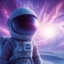 Astronaut floating in space with a glowing galaxy and bright light in the background.