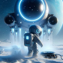 Astronaut walking on a snowy alien landscape with a futuristic spaceship hovering above.