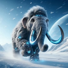 Futuristic woolly mammoth with glowing blue tusks and technological elements in a snowy landscape.