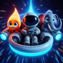 A glowing anthropomorphic flame, an astronaut, and a smiling elephant sitting together in a futuristic glowing spacecraft against a starry backdrop.