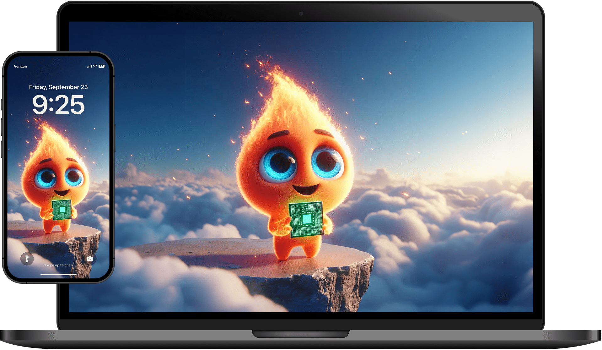 Animated flame character with large blue eyes holding a green computer chip, standing on a cliff above clouds at sunrise.