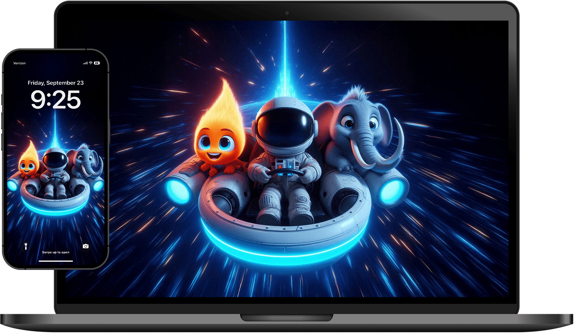 Animated astronaut, flame character, and elephant riding a futuristic glowing space vehicle with streaks of light in the background.