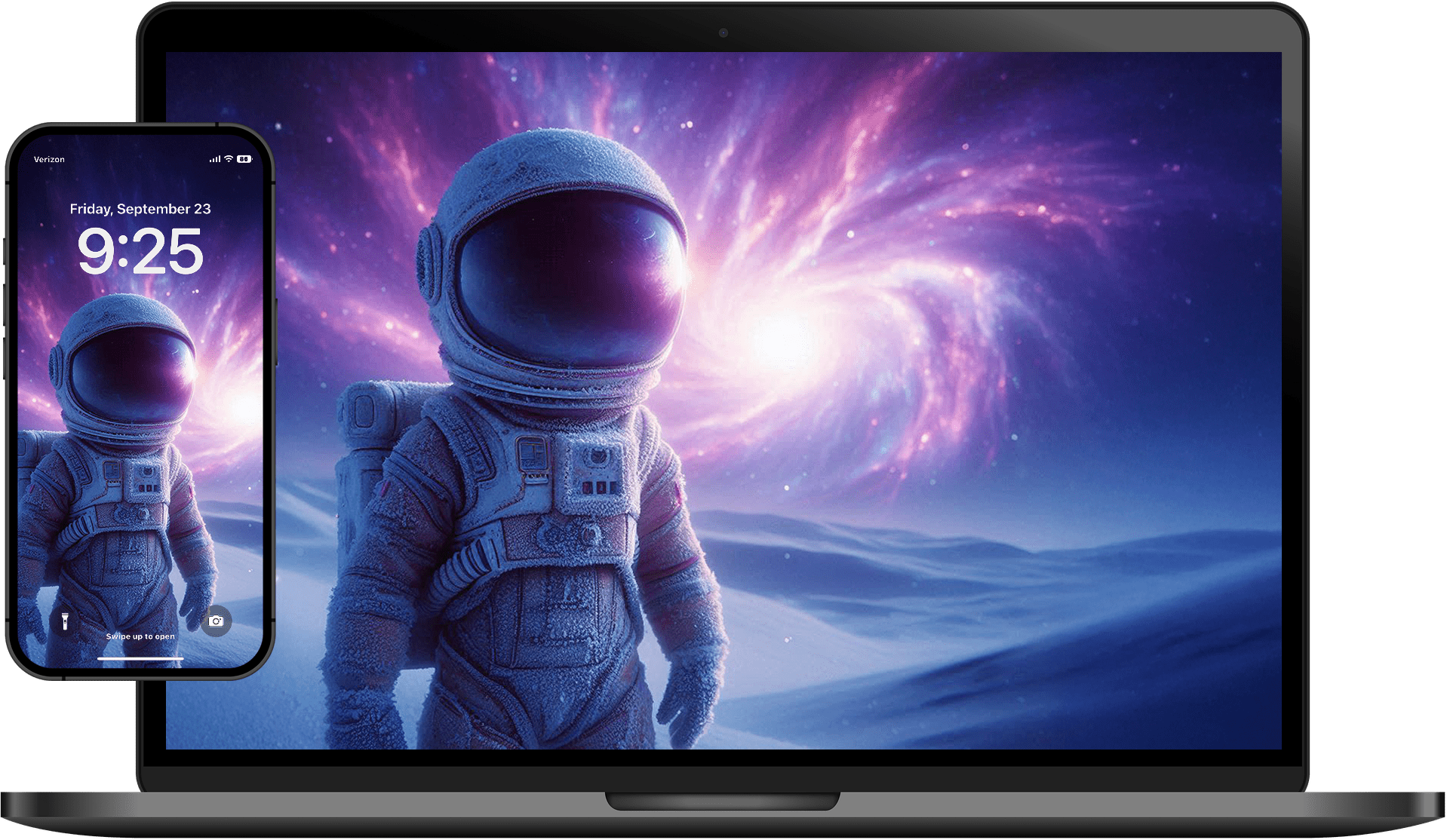 Astronaut standing on a snowy landscape with a glowing purple galaxy in the starry sky, displayed on a laptop and smartphone screen.